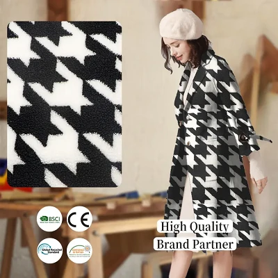 Houndstooth Print Wool Sherpa Fabric